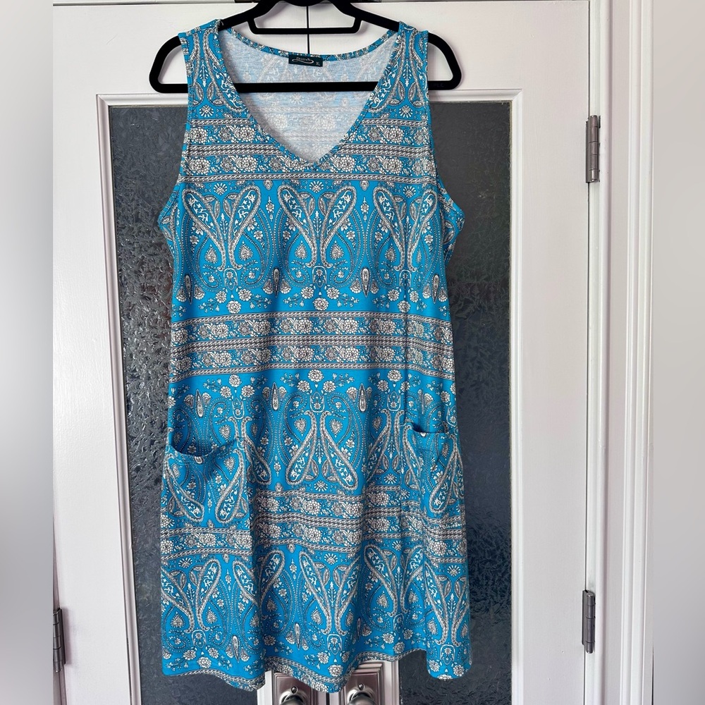 Teal Blue Sleeveless Jersey Dress with Pockets